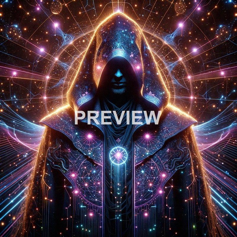 A mysterious figure wearing a hooded cloak is depicted in a cosmic, futuristic setting with glowing lines, stars, and abstract light patterns surrounding them.